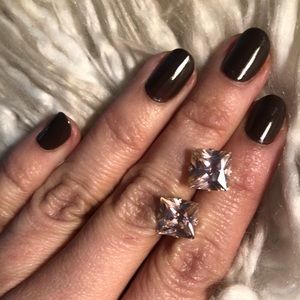 Square pink crystal diamond silver earrings large